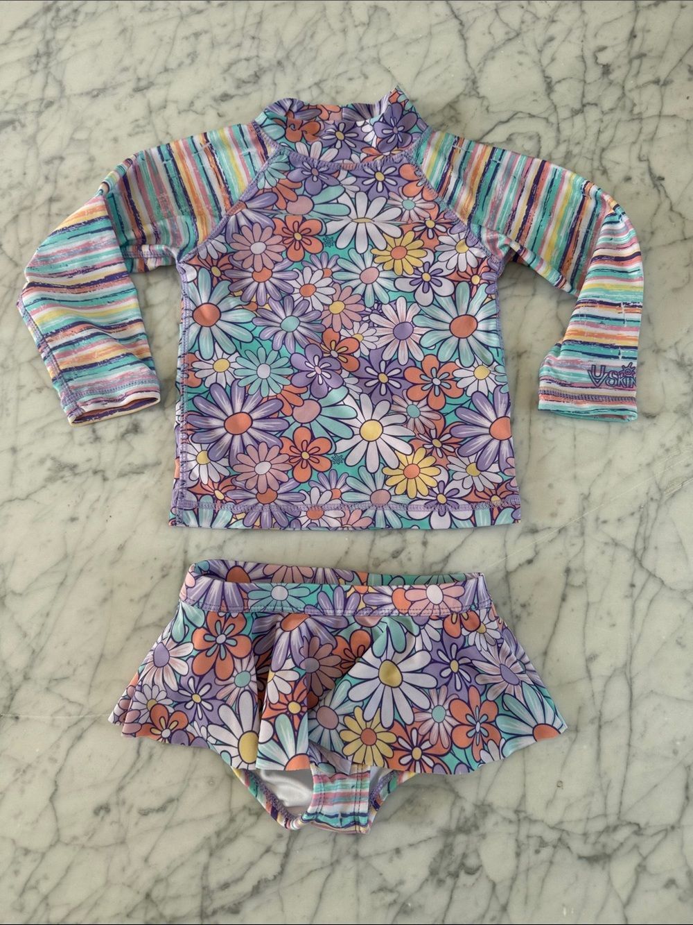 UV Skinz Kids Purple Floral Rash Guard Set - Swim Top & Skirt Size 3T
